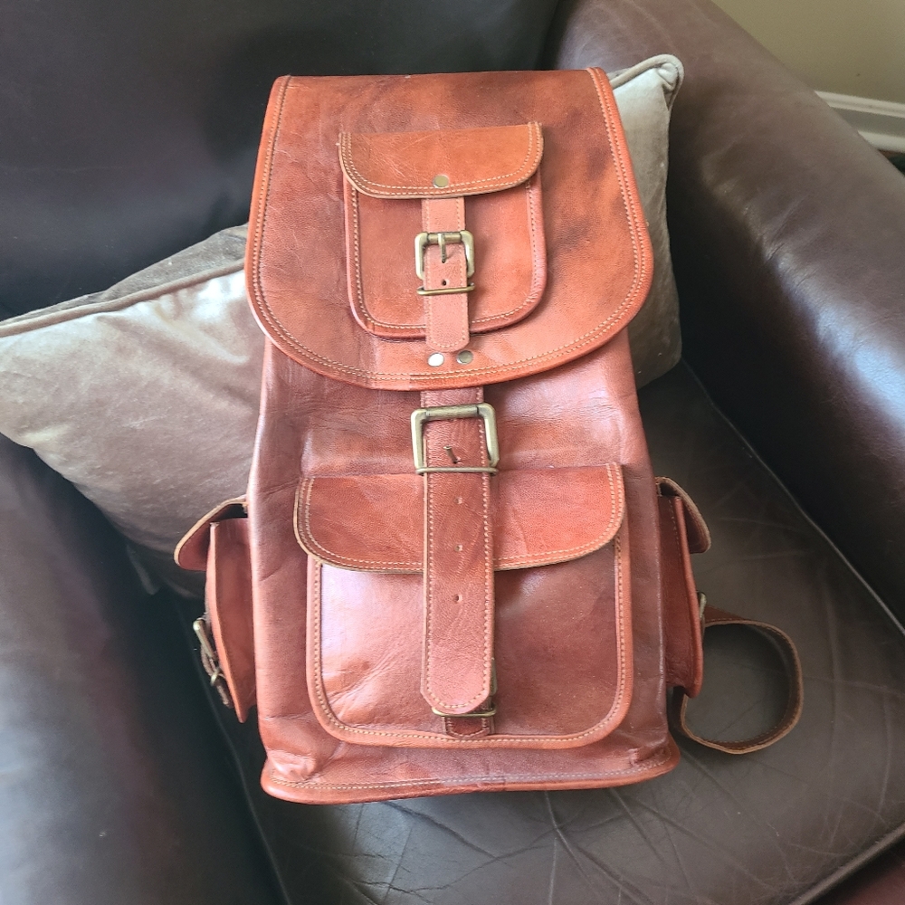 Rustic Brown Leather Backpack Vintage Daypack College Travel Backpack.